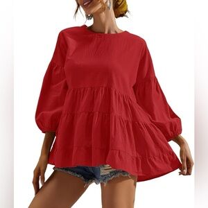 Red Boutique Babydoll Tiered Blouse/Tunic W/Keyhole Back Closure | New | Medium